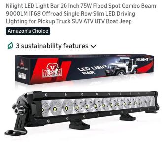 Nilight 20 Inch 75W LED Light Bar Combo Beam for Truck SUV ATV UTV Boat Jeep, Round Ceiling Mount Light Fixture 12"x12", ShadeMoon Roller Window Shade 46"x72" " Blackout Blinds 46" x72"