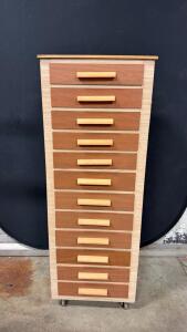 12-Drawer Wooden Storage Cabinet with Casters, Light & Medium Brown Finish, 42"x18"x15"