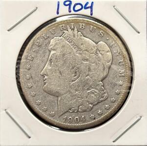 1904 Morgan Silver Dollar, Circulated, 90% Silver, No Mint Mark, Liberty & Eagle Design