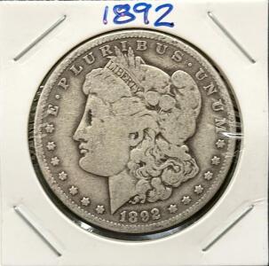 1892 Morgan Silver Dollar Philadelphia $1 Coin, 90% Silver, Circulated, Liberty & Eagle Reverse