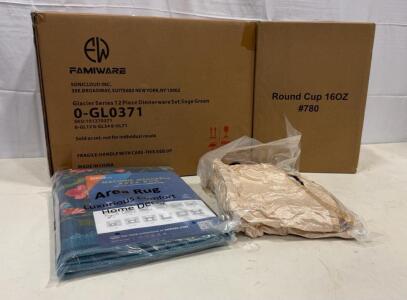 Famiware Glacier 12pc Dinnerware Set, Area Rugs, 16oz Plastic Containers&mdash;Home Essentials Lot