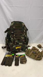 Voodoo Tactical Tobago Cargo Pack Set, Woodland Camo, Mag Pouches, Fox Tactical Waist Bag