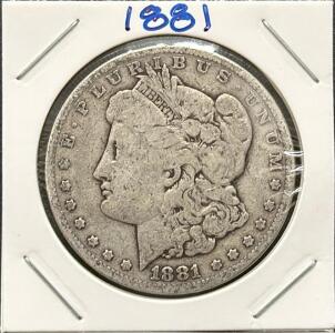 1881 Morgan Silver Dollar, Philadelphia Mint, 90% Silver, Circulated, U.S. One Dollar Coin
