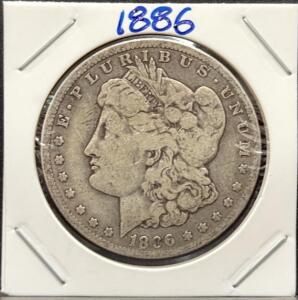 1886-O Morgan Silver Dollar, Circulated, New Orleans Mint, 0.7734 oz Silver, in 2x2 Holder