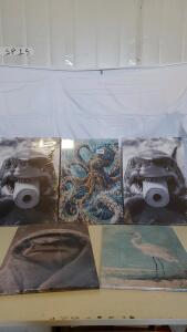 Set of 5 Canvas Wall Art Prints, Shark Toilet Paper, Octopus, Heron, Frog, 16x20in