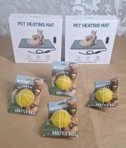 (2) 17" x 17" Electric Pet Heating Mats & (4) Fenrir Heavy Duty Knattle Balls