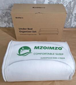 (1) 2-Pack Of MZOIMZO Luxury Comfy Hotel Collection Bed Pillows, European Size & (1) Under Bed Rolling Organizer