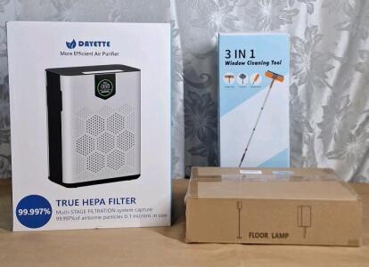 (1) Dayette Air Purifier, (1) Floor Lamp, Gold Finish, White Shade & (1) 3-In-1 Window Cleaning Tool