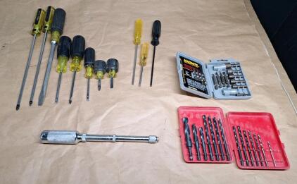 (1) Vintage Stanley Yankee 41Y Push Drill, (10) Assorted Screwdrivers, (1) 14-Piece Drill Bit Set & (1) 14-Pice Bit Driver Set