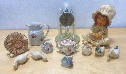 Vintage Lot - Clock With Glass Dome - Geese and Swans - Jewelry Container