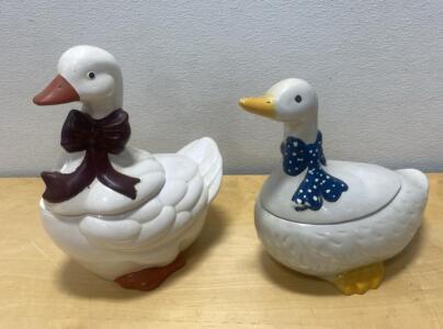 Vintage Ceramic Goose Cookie Jars &ndash; Maroon and Blue Bow, 12" & 10", Set of 2, Lidded