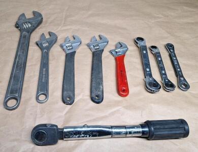 (1) Klein Tools 3/8" Drive Torque Wrench, 30-150 InLbs, (5) Assorted Crescent Wrenches & (3) Assorted Box End Ratchet Wrenches