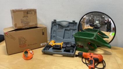 Cordless and Corded Drill Sets (Works) Handheld Seed Spreaders, 24" Convex Mirror, Light Fixtures