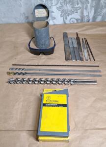(1) Klein Tools 15-Piece Drill Bit Set, (2) 16" Auger Bits, (5) Assorted 18" Drill Bits, (1) Pair Of Tinted Safety Glasses W/ Metal Storage Case & (7) Assorted Hand Files