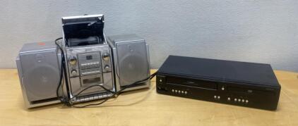 Sanyo Compact Stereo System CD Cassette Radio + Funai 4-Head VHS/DVD Combo Player- Both Power On