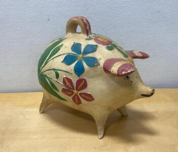 Hand-Painted Folk Art Piggy Bank, Clay, Mexican Style, Floral Design, 16&rdquo; Tall