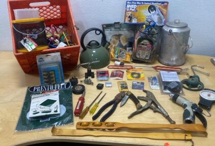 Mixed Lot: Hand Tools, Kitchenware, Hardware, Shed Pal, Presto Felt Pads, Tea Kettle, 35+ Items