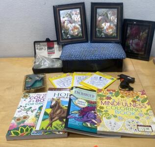 Mixed Lot: Framed Floral Art Prints, Storage Bench, Adult Coloring Books, Electric Glue Gun