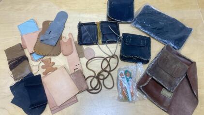 Assorted Leathercraft Kit Lot with Handmade Bags, DIY Pouch Projects & Tools
