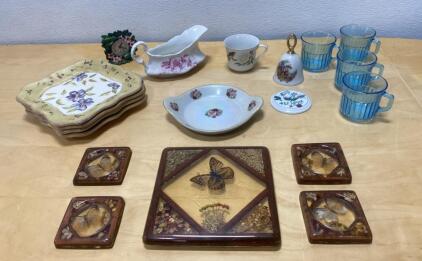 Vintage Resin Butterfly Tray & 4 Coasters &ndash; Real Butterflies, Floral Decor, 1960s-70s, 5pc Set - And More Vintage Items