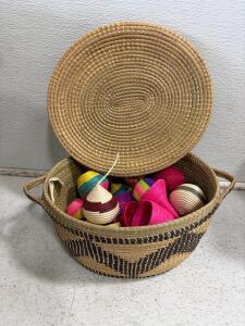Handwoven Lidded Basket with Colorful Mini Baskets/ornaments, Natural Fiber, Geometric Pattern