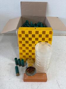 Shotgun Reloading Lot: Twin-50 Loading Blocks, 12 Gauge Hulls, Brass Primer Cups, Storage Boxes