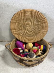 Handwoven Lidded Basket Set with Colorful Mini Baskets/ornaments, 16" Diameter