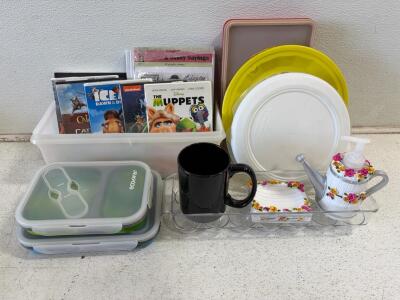 Household Kitchen & Storage Lot: Collapsible Containers, DVDs including hits like The Muppets and Jimmy Neutron Boy Genius, Books, Mug, Egg Tray, Decor Set.