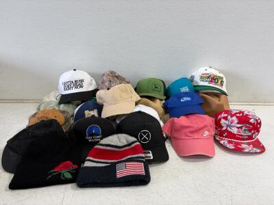 Lot of 23 Assorted Branded Ball Caps, Beanies, Cowboy & Straw Hats &ndash; Nike, Bud Light, Topgolf