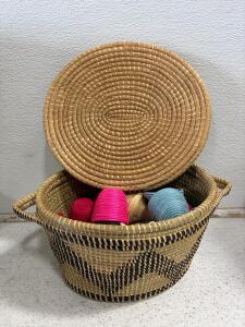 Handwoven Lidded Storage Basket With Colorful Small Woven Cup Baskets/Ornaments, Geometric Pattern, 16"