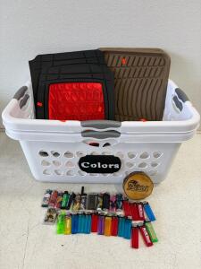 Laundry baskets, patriots wooden sign, floor mats, lots of lighters &ndash; BIC, Clipper, Refillable, Turbo Torch, Novelty Designs Included