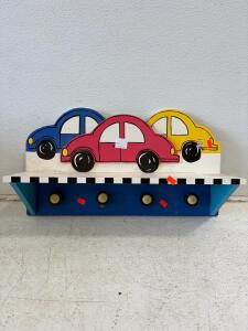 Children&rsquo;s Car-Themed Wall Shelf with 4 Hooks, Painted Wood, 24x12&rdquo;, Multi-Color