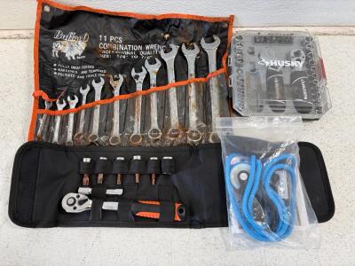 Buffalo 11-Piece Wrench Set, Husky 46-Piece Socket Set (missing pieces), RangeMaster Shoulder Pulley Kit. Please inspect in person.