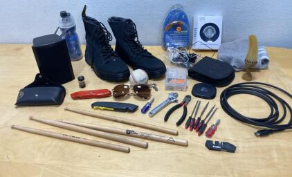 Mixed Lot: Vic Firth Drumsticks, Smith's Sharpener, Rawlings Baseball, Boots Size 10, Tools & More