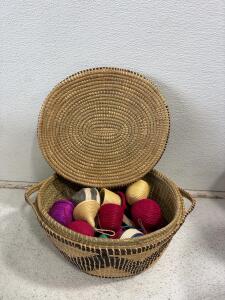 Woven West African Bolga Basket with Lid, Handcrafted Colorful Hanging Ornaments, 18" Diameter