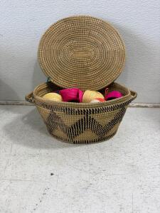 Handwoven Lidded Storage Basket, 14" With Colorful Mini Baskets/ornaments, Palm Fiber, Geometric Design