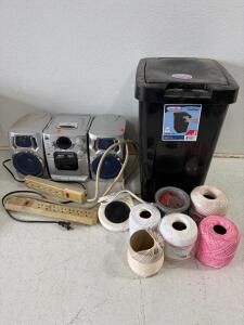 Durabrand CD-1493 Portable Boombox, CD Cassette, AM/FM Radio, Detachable Speakers, 2006. Powers on. Candle warmer (powers on). Wax melter. Two power cords.