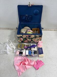 Floral Sewing Basket Set &ndash; 8 Thread Spools, 10 Ribbons, Scissors, Pins, Tape, Supplies Included