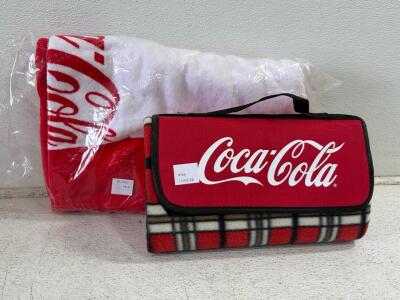 Coca-Cola Plaid Picnic Blanket approx. 59&rdquo;x53&rdquo; & Bottle Design Beach Towel 60&rdquo;x30&rdquo;, Carry Handle, Logo Graphics