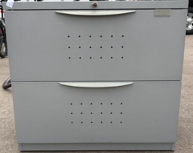 2-Drawer Metal Lateral Filing Cabinet, Locking, Keyed, Light Gray, Ventilated Fronts, 36" Wide approx. 18&rdquo; deep and 28&rdquo; high