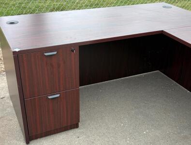 L-Shaped Office Desk, Mahogany Laminate, 72x72", 4 Locking Drawers, Cable Ports. Missing screws. Comes with office chair.