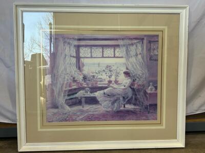 Helen Allingham Framed Lithograph Print, Woman Reading by Window, White Wood Frame, 32"x38"