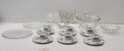 Glassware Lot! Including: (6) Japanese Luncheon Teacup/Plate w/ Forget-Me-Not Pattern, (1) Butterfly Soap Dish, (1) Silver Flower Bowl, & More!