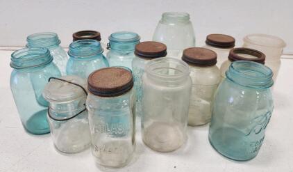 (16) Assorted Collection of Vintage Old Glass Mason Jars