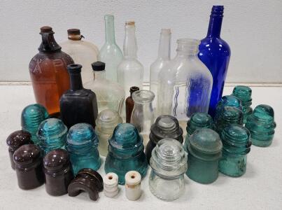 (28) Assorted Collection of Vintage Old Glass Bottles And Ceramics