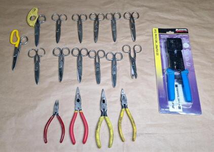 (1) EZ-RJPro HD Crimp Tool, (13) Electricans Scissors & (4) Assorted Pairs Of Specialty Needle Nose Pliers