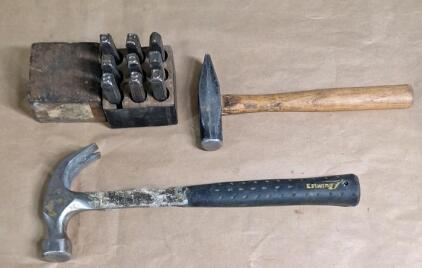 (1) 20-Oz Estwing Claw Hammer, (1) 10-Oz Cross Peen Hammer & (1) 9-Piece Steel Hand Stamp Number Set, 1/2"