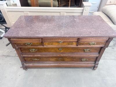 Antique Marble-Top Dresser, 4 Drawers, Brass Pulls, Velvet Lined Drawer, 50" Wide, Victorian Era