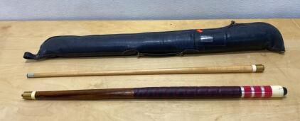 58" Pool Cue Stick with Maroon/White Inlay, Leather Grip, Brass Joint, Carrying Case Included