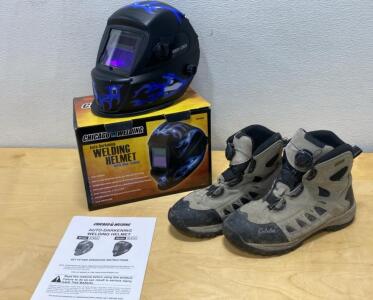 Chicago Electric Welding Helmet Auto-Darkening Blue Flame & Cabela's 12D BOA Work Boots
